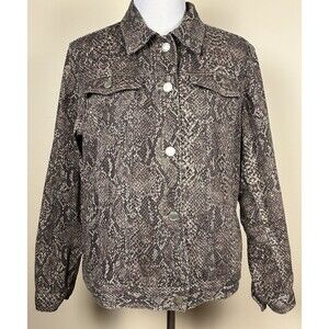 CHAPS Women 1X Snake Print Denim Jacket Brown Tan Reptile Stretch Jean Coat Plus